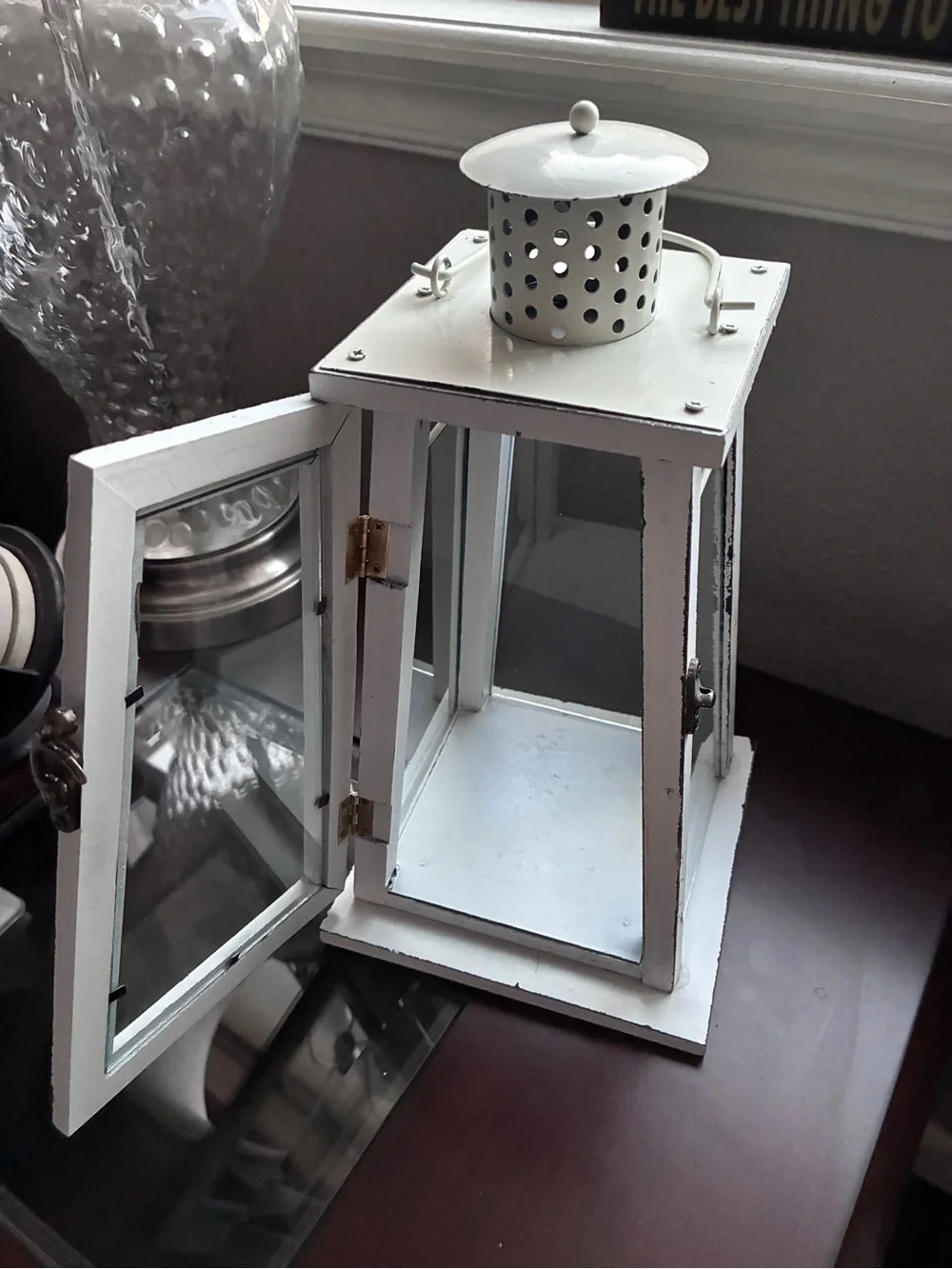 Distressed White Wooden Lantern with Two-Tone Candle - Rustic Accent